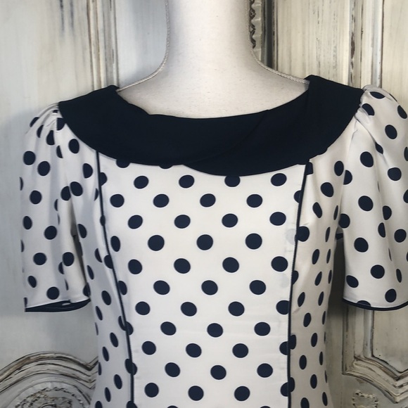 TRUE VINTAGE Hand Made Cream with Navy Dots Short Sleeve Sheath Dress - Picture 6 of 16
